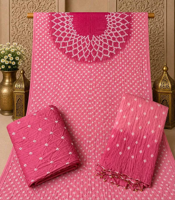 Chevron_Unstitched_Bandhej_Cotton_Suit_Bandhani_Suit_Set_with_Mirror_Work_&_Tassel_Dupatta