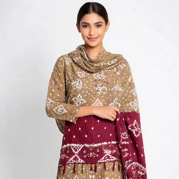 Chiku_&_Maroon_Half-Half_Bandhej_Set_-_Dot_Bandhani,_Mirror_&_Embroidery_Work,_Double_Color_Tassel_Dupatta
