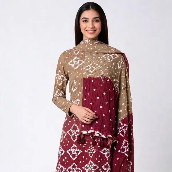 Chiku_&_Maroon_Half-Half_Bandhej_Set_-_Dot_Bandhani,_Mirror_&_Embroidery_Work,_Double_Color_Tassel_Dupatta