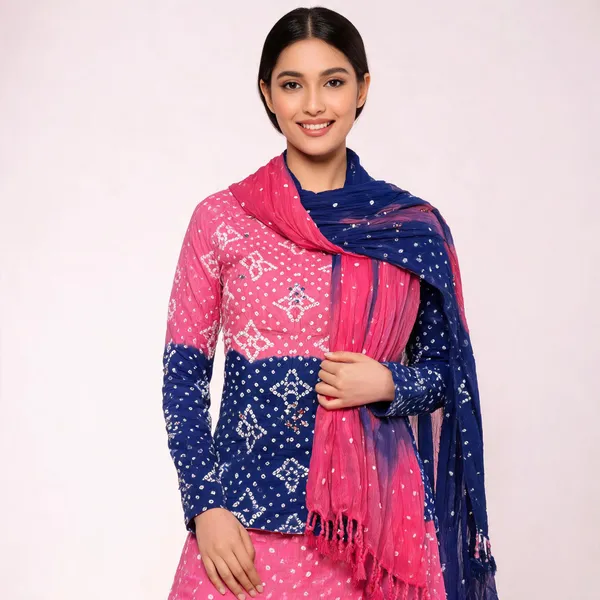 Pink_&_Blue_Half-Half_Bandhej_Set_-_Dot_Bandhani,_Mirror_&_Embroidery_Work,_Double_Color_Tassel_Dupatta