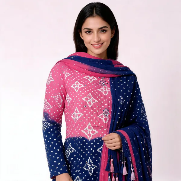 Pink_&_Blue_Half-Half_Bandhej_Set_-_Dot_Bandhani,_Mirror_&_Embroidery_Work,_Double_Color_Tassel_Dupatta