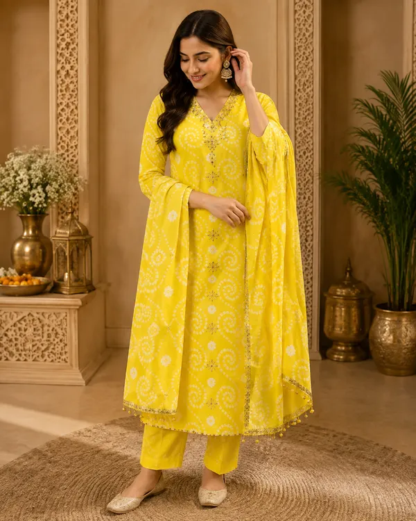 Chevron_Unstitched_Bandhej_Cotton_Suit_Rani_Pink_Bandhani_Suit_Set_with_Mirror_Work_&_Tassel_Dupatta