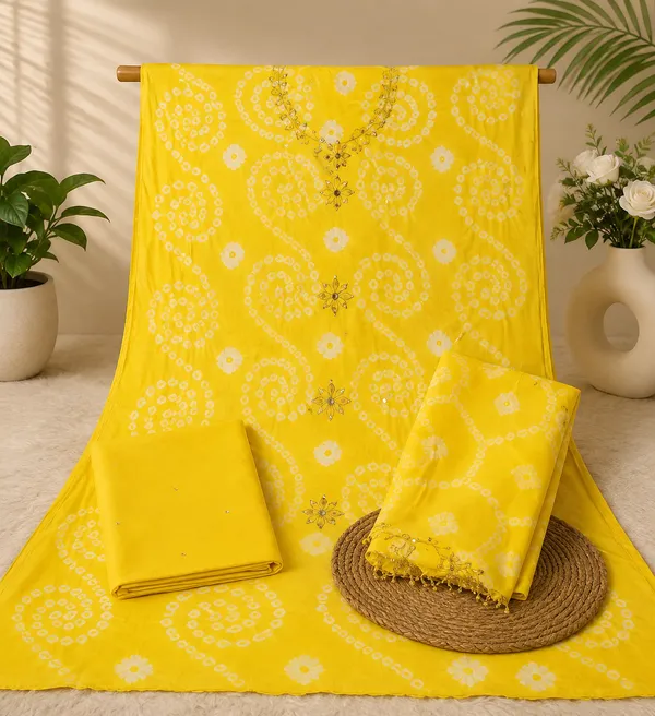 Chevron_Unstitched_Bandhej_Cotton_Suit_Rani_Pink_Bandhani_Suit_Set_with_Mirror_Work_&_Tassel_Dupatta