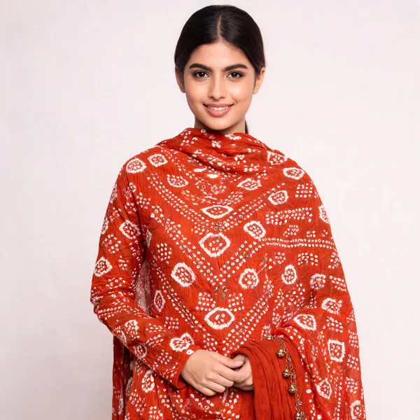 Orange_Bandhej_Cotton_Set_-_Diamond_&_Dot_Bandhani,_Mirror_Work,_Gungroo_Tassel_Dupatta