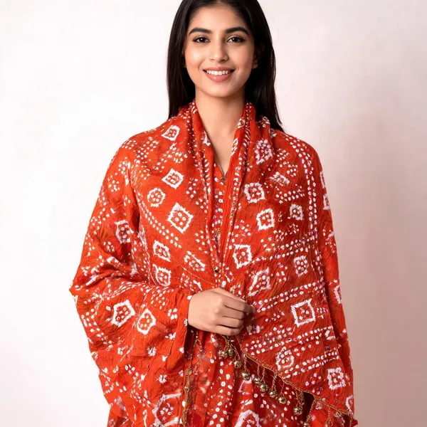 Orange_Bandhej_Cotton_Set_-_Diamond_&_Dot_Bandhani,_Mirror_Work,_Gungroo_Tassel_Dupatta