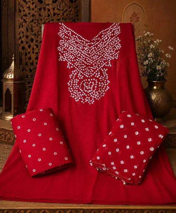 Red_Bandhej_Cotton_Suit_Set_-_Hand_Mirror_Work,_Bandhani_Yoke,_Scattered_Dots,_Kodi_Dupatta