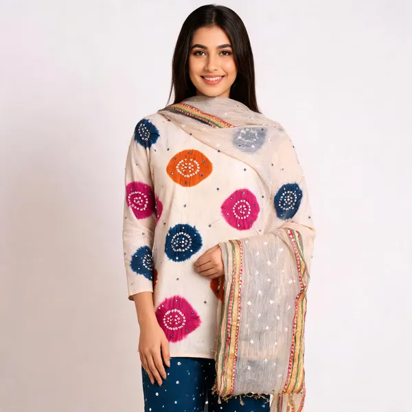 Chiku_Bandhej_Suit_-_Multicolor_Bandhani_Chakras,_Mirror_Work,_Teal_Green_Bottom,_Double_Color_Tassel_Dupatta