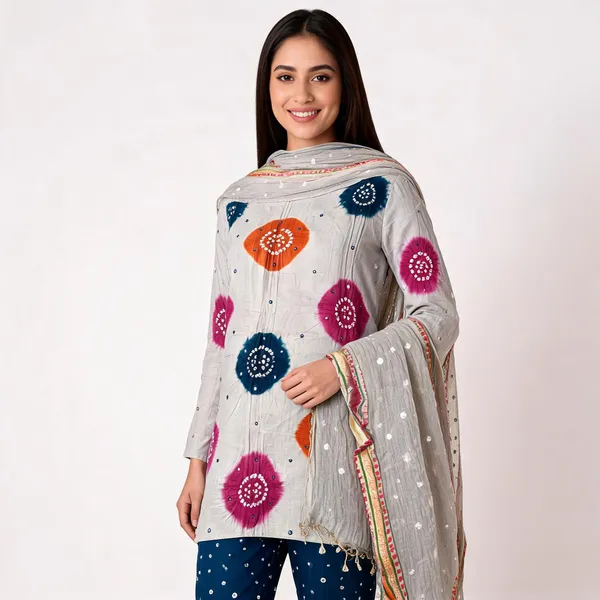 Chiku_Bandhej_Suit_-_Multicolor_Bandhani_Chakras,_Mirror_Work,_Teal_Green_Bottom,_Double_Color_Tassel_Dupatta