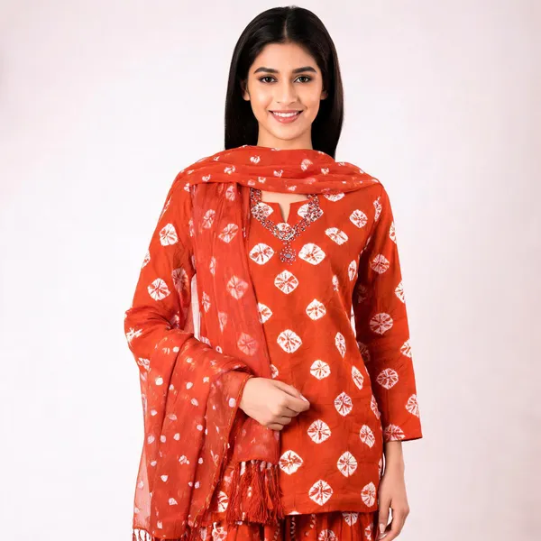 Orange_Bandhej_Cotton_Suit_-_White_Bandhani_Dots,_Mirror_Work,_Tasseled_Chiffon_Dupatta