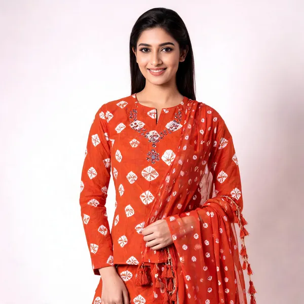 Orange_Bandhej_Cotton_Suit_-_White_Bandhani_Dots,_Mirror_Work,_Tasseled_Chiffon_Dupatta