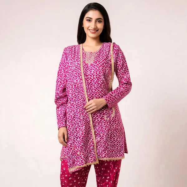 Fushia_Pink_Geometric_Suit_Set_-_White_Pattern_on_Rani_Pink_Base,_Zardosi_Handwork,_Lace_Dupatta,_Bandhej_Salwar