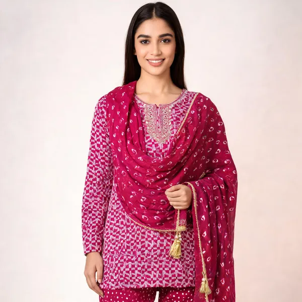 Fushia_Pink_Geometric_Suit_Set_-_White_Pattern_on_Rani_Pink_Base,_Zardosi_Handwork,_Lace_Dupatta,_Bandhej_Salwar
