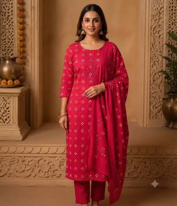 Chevron_Unstitched_Bandhej_Cotton_Suit_Rani_Pink_Bandhani_Suit_Set_with_Mirror_Work_&_Tassel_Dupatta_._