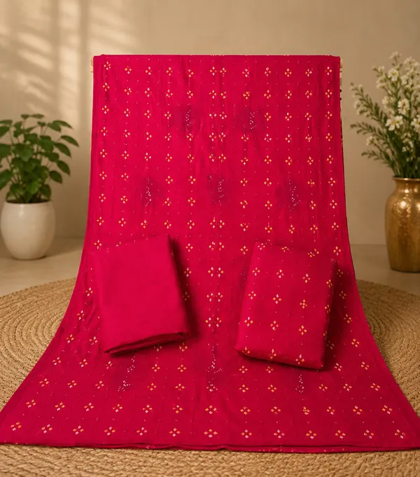 Chevron_Unstitched_Bandhej_Cotton_Suit_Rani_Pink_Bandhani_Suit_Set_with_Mirror_Work_&_Tassel_Dupatta_._