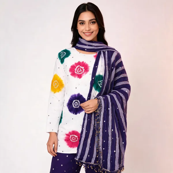 Chevron_Unstitched_Bandhej_Cotton_Suit_White_&_Purple_Bandhani_Suit_Set_with_Mirror_Work_&_Tassel_Dupatta