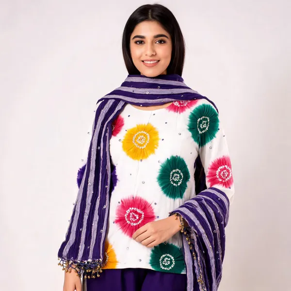 Chevron_Unstitched_Bandhej_Cotton_Suit_White_&_Purple_Bandhani_Suit_Set_with_Mirror_Work_&_Tassel_Dupatta