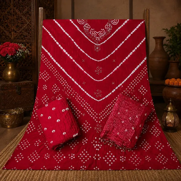 Chevron_Unstitched_Bandhej_Cotton_Suit_Red_Bandhani_Suit_Set_with_Mirror_Work_&_Tassel_Dupatta