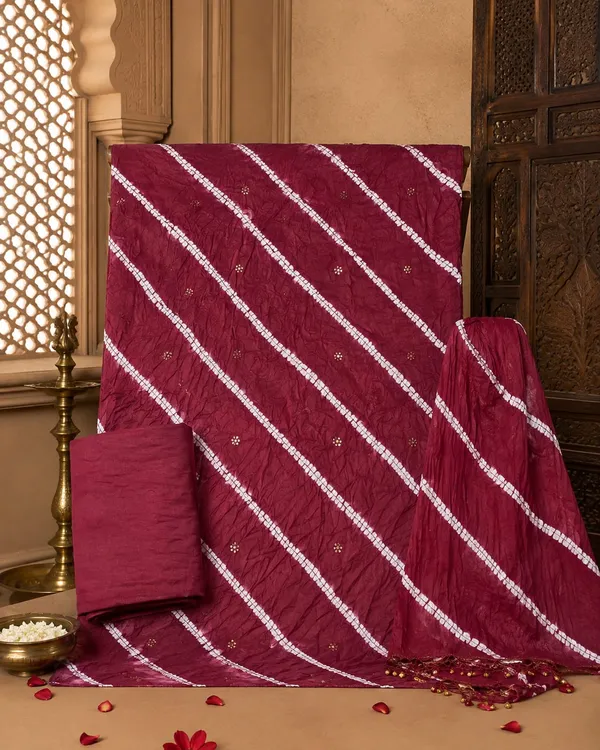 Chevron_Unstitched_Bandhej_Cotton_Suit_Maroon_Bandhani_Suit_Set_with_Mirror_Work_&_Tassel_Dupatta