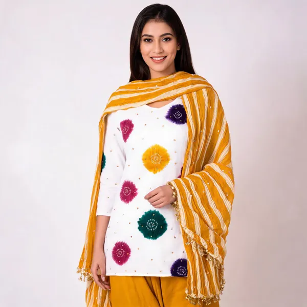 Chevron_Unstitched_Bandhej_Cotton_Suit_White_&_Yellow_Bandhani_Suit_Set_with_Mirror_Work_&_Tassel_Dupatta