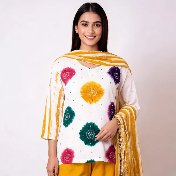 Chevron_Unstitched_Bandhej_Cotton_Suit_White_&_Yellow_Bandhani_Suit_Set_with_Mirror_Work_&_Tassel_Dupatta