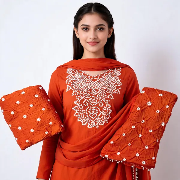 Orange_Bandhej_Cotton_Suit_Set_-_Hand_Mirror_Work,_Bandhani_Yoke,_Scattered_Dots,_Kodi_Dupatta