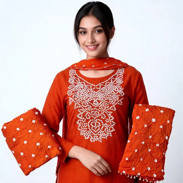 Orange_Bandhej_Cotton_Suit_Set_-_Hand_Mirror_Work,_Bandhani_Yoke,_Scattered_Dots,_Kodi_Dupatta