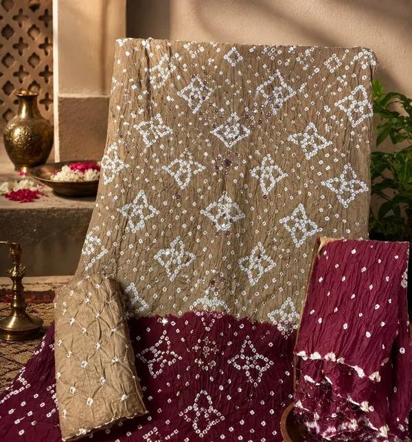Chiku_&_Maroon_Half-Half_Bandhej_Set_-_Dot_Bandhani,_Mirror_&_Embroidery_Work,_Double_Color_Tassel_Dupatta