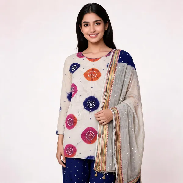 Chiku_Bandhej_Suit_-_Multicolor_Bandhani_Chakras,_Mirror_Work,_Purple_Bottom,_Double_Color_Tassel_Dupatta