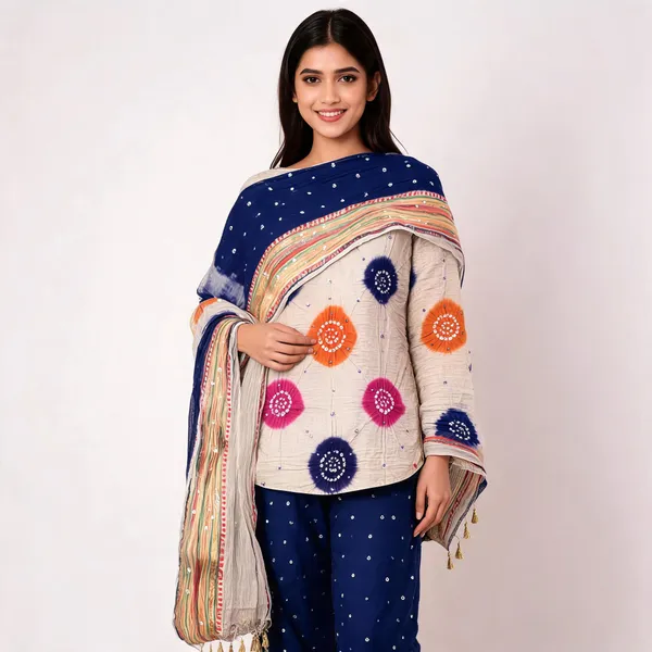 Chiku_Bandhej_Suit_-_Multicolor_Bandhani_Chakras,_Mirror_Work,_Purple_Bottom,_Double_Color_Tassel_Dupatta