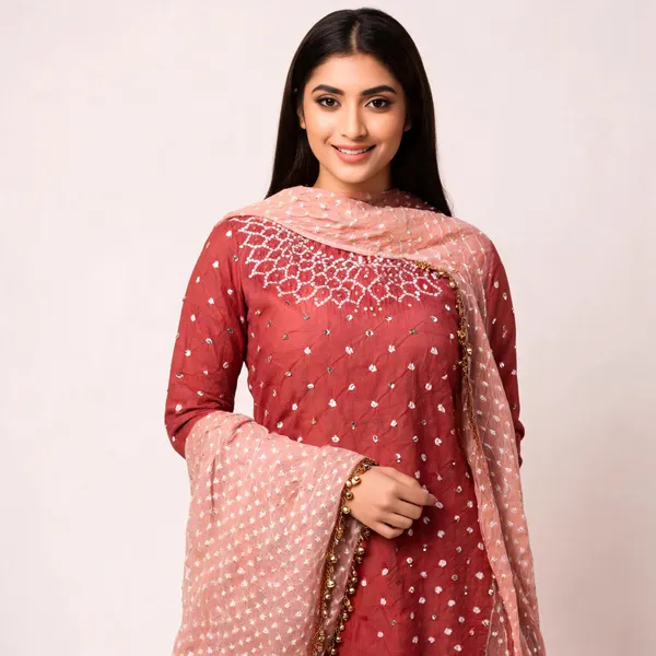 Chevron_Unstitched_Bandhej_Cotton_Suit__Bandhani_Suit_Set_with_Mirror_Work_&_Tassel_Dupatta