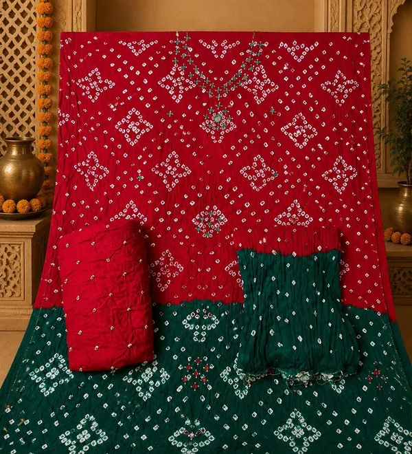 Red_&_Green_Half-Half_Bandhej_Set_-_Dot_Bandhani,_Mirror_&_Embroidery_Work,_Double_Color_Tassel_Dupatta