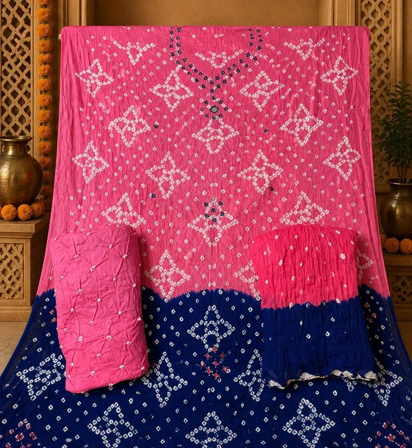 Pink_&_Blue_Half-Half_Bandhej_Set_-_Dot_Bandhani,_Mirror_&_Embroidery_Work,_Double_Color_Tassel_Dupatta