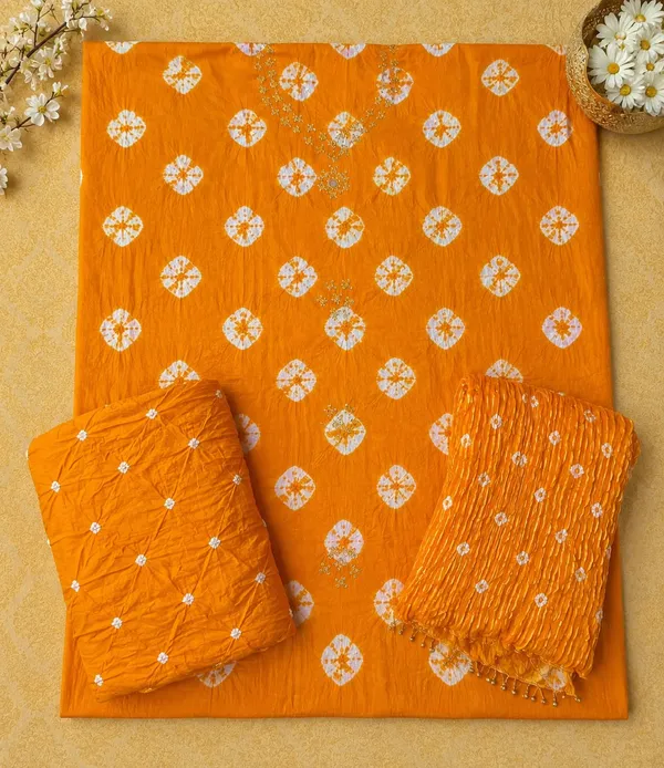 Yellow_Bandhej_Cotton_Suit_-_White_Bandhani_Dots,_Mirror_Work,_Tasseled_Chiffon_Dupatta