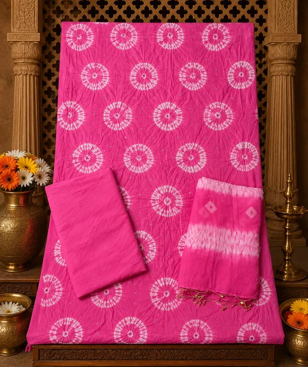 Pink_Bandhej_Cotton_Set_-_White_Chakra_Bandhani,_Mirror_Work,_Plain_Bottom,_Tassel_Dupatta