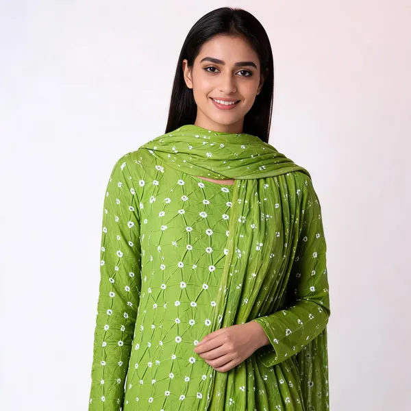 All_over_5_MTR_Chevron_Unstitched_Bandhej_Cotton_Suit_Green_Bandhani_Suit_Set_