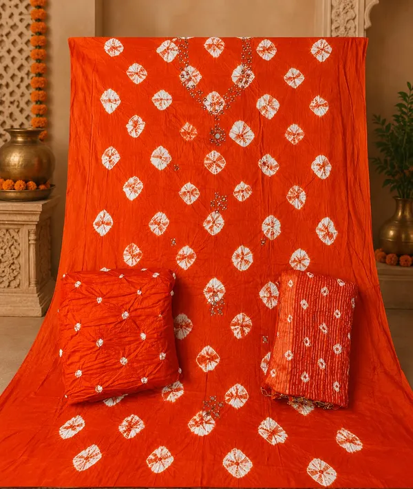 Orange_Bandhej_Cotton_Suit_-_White_Bandhani_Dots,_Mirror_Work,_Tasseled_Chiffon_Dupatta