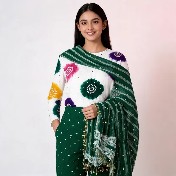 Chevron_Unstitched_Bandhej_Cotton_Suit_White__And_Dark_Green_Bandhani_Suit_Set_with_Mirror_Work_And_Tassel_Dupatta
