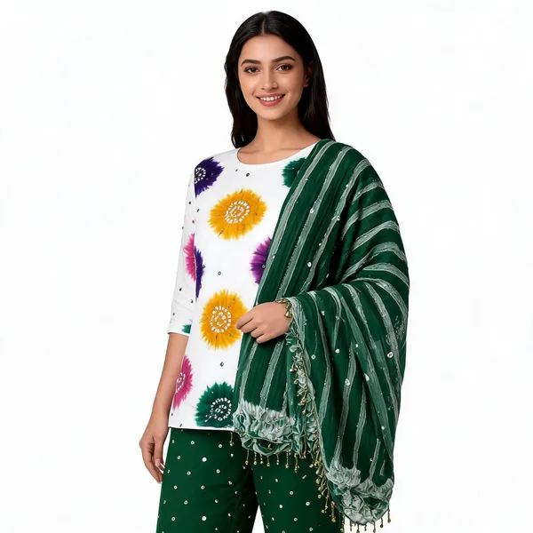 Chevron_Unstitched_Bandhej_Cotton_Suit_White__And_Dark_Green_Bandhani_Suit_Set_with_Mirror_Work_And_Tassel_Dupatta