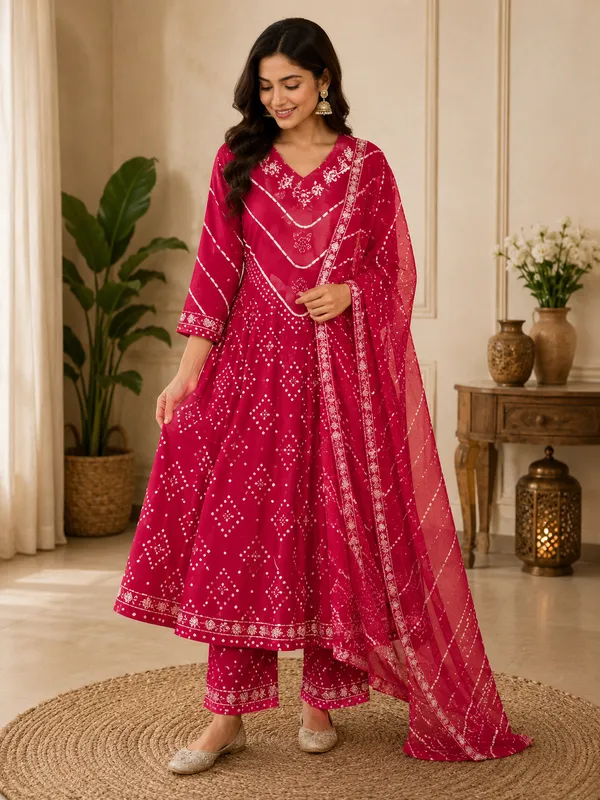 Rani_Pink_Chevron_Bandhej_Cotton_Suit_Set_-_Mirror_Work_&_Tassel_Dupatta