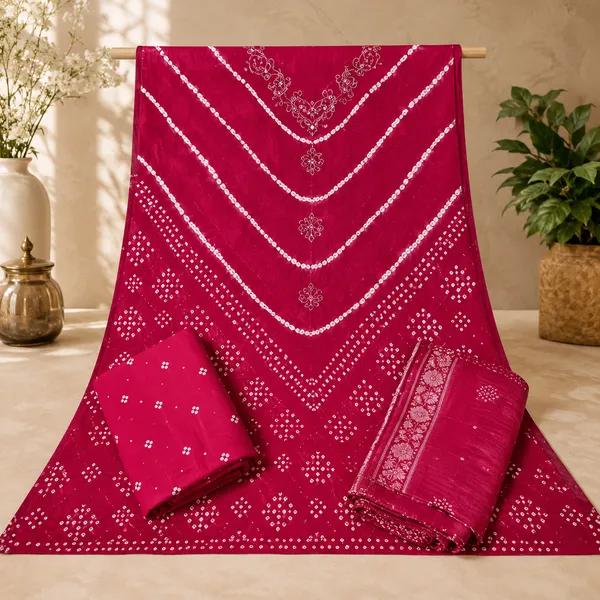 Rani_Pink_Chevron_Bandhej_Cotton_Suit_Set_-_Mirror_Work_&_Tassel_Dupatta