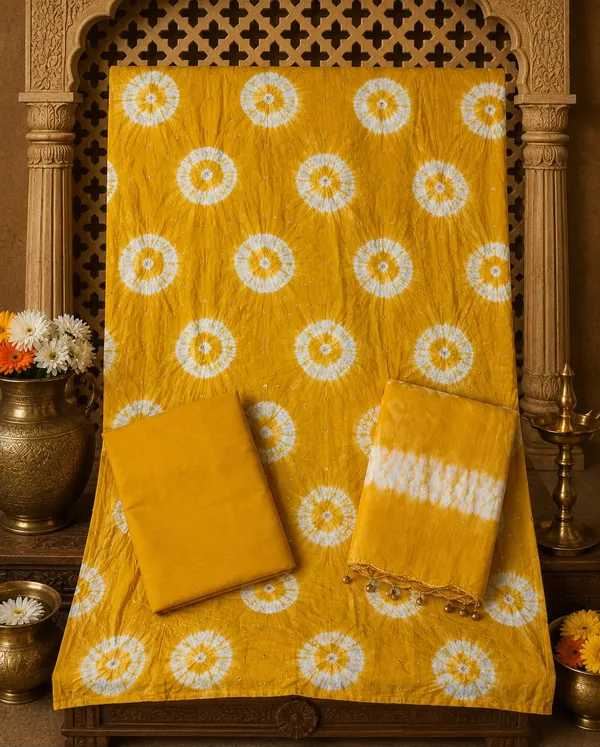 Mustard_Yellow_Bandhej_Cotton_Set_-_White_Chakra_Bandhani,_Mirror_Work,_Plain_Bottom,_Tassel_Dupatta