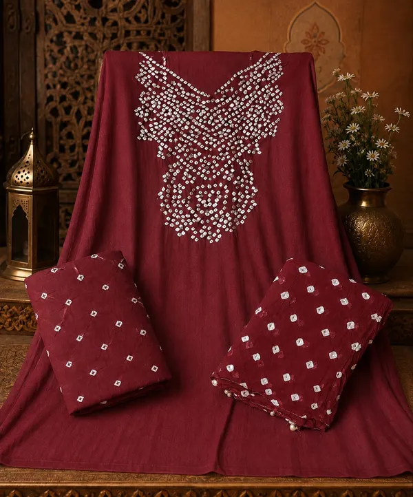 Maroon_Bandhej_Cotton_Suit_Set_-_Hand_Mirror_Work,_Bandhani_Yoke,_Scattered_Dots,_Kodi_Dupatta
