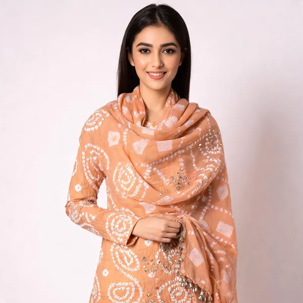 Peach_Hand_Bandhej_Suit_-_White_Circular_Pattern,_Mirror_Work,_Silver_Gungroo_Dupatta