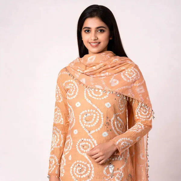 Peach_Hand_Bandhej_Suit_-_White_Circular_Pattern,_Mirror_Work,_Silver_Gungroo_Dupatta