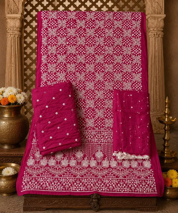 Pink_Bandhej_Cotton_Set_-_Jaali_Threadwork,_Floral_Border,_Mirror_Work,_Bandhej_Dupatta