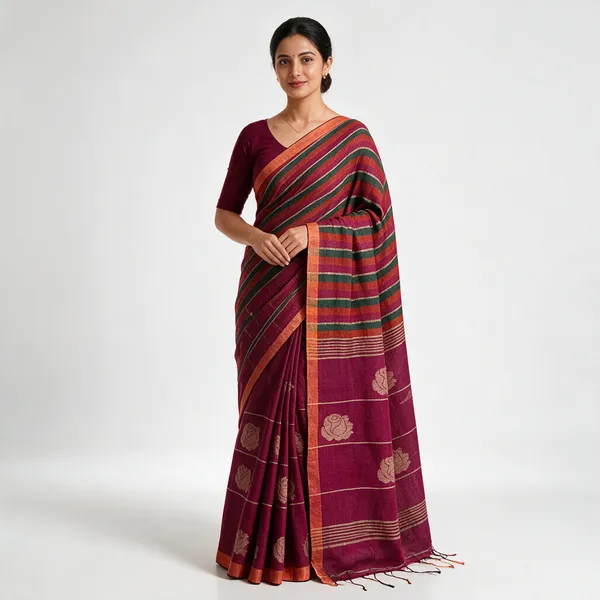 Magenta_Stripe_Linen_Floral_Striped_Saree_For_Women