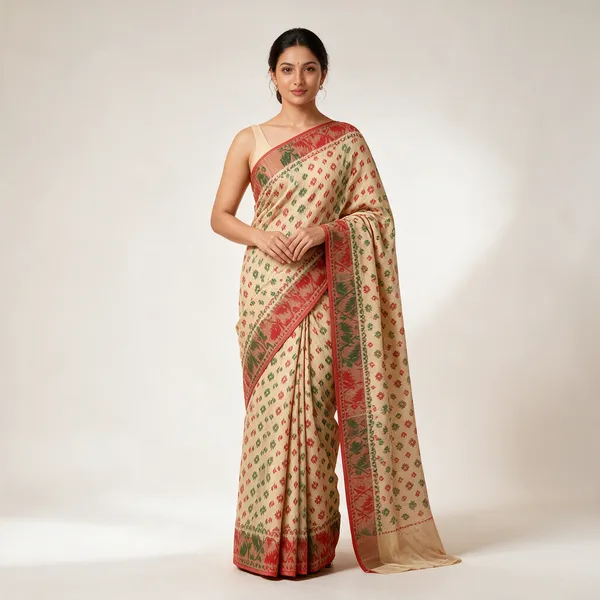 Beige_Jamdani_Silk_Floral_Patterned_Saree_For_Women