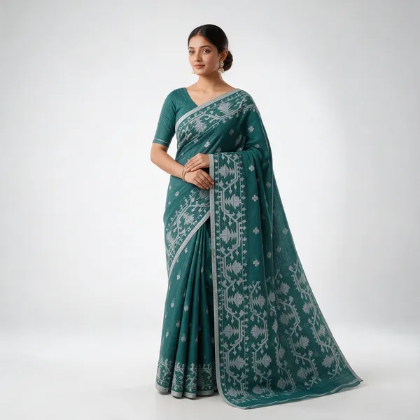 Teal_Khadi_Jamdani_Printed_Saree_For_Women