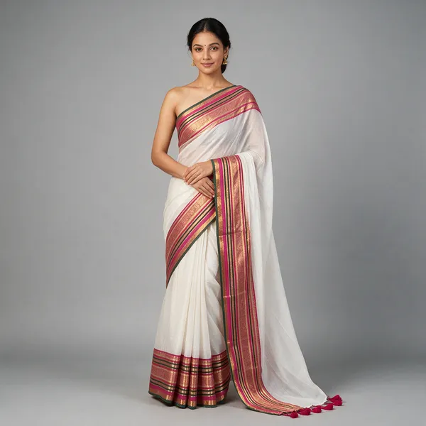 White_Mul_Cotton_Onam_Multicolour_Striped_Saree_For_Women