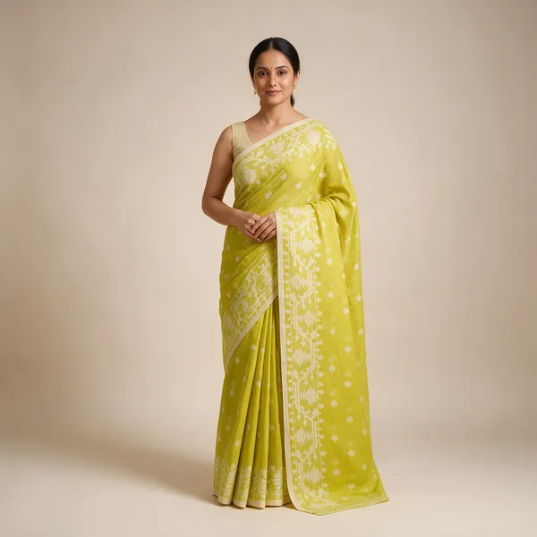 Yellow_Khadi_Jamdani_Floral_Motif_Saree_For_Women